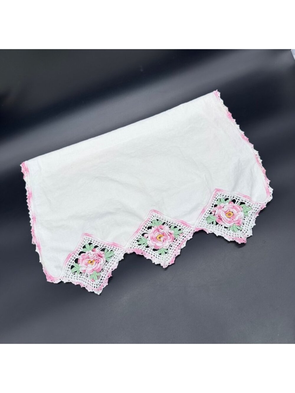 Vintage Table Runner Handmade White Pink Crochet Floral Edges Farmhouse Cottage